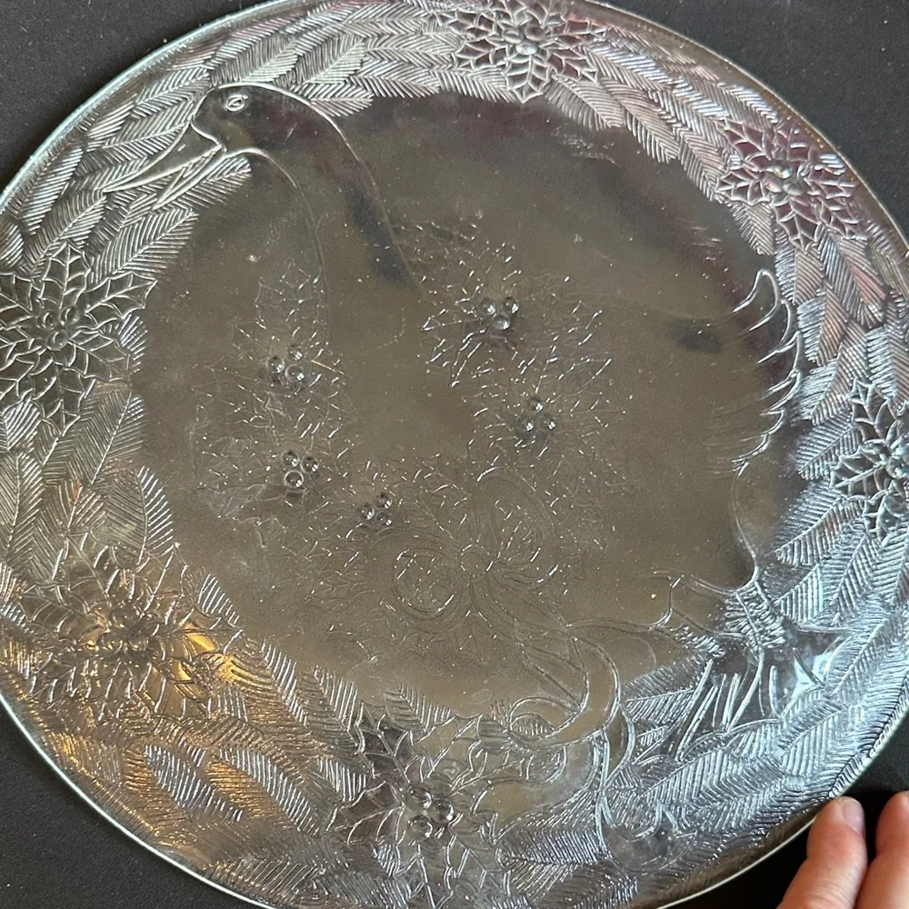 Glass Holiday Decorative Plate with Goose and Holly Design. Vintage